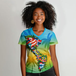 Caribbean-American Heritage Month Women V-Neck T-Shirt Colorful Caribbean & Latin American Flag Map