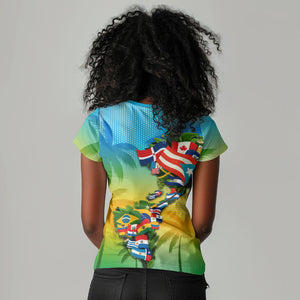 Caribbean-American Heritage Month Women V-Neck T-Shirt Colorful Caribbean & Latin American Flag Map