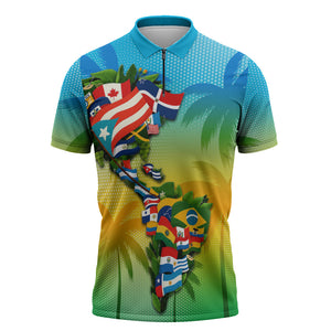 Caribbean-American Heritage Month Zipper Polo Shirt Colorful Caribbean & Latin American Flag Map
