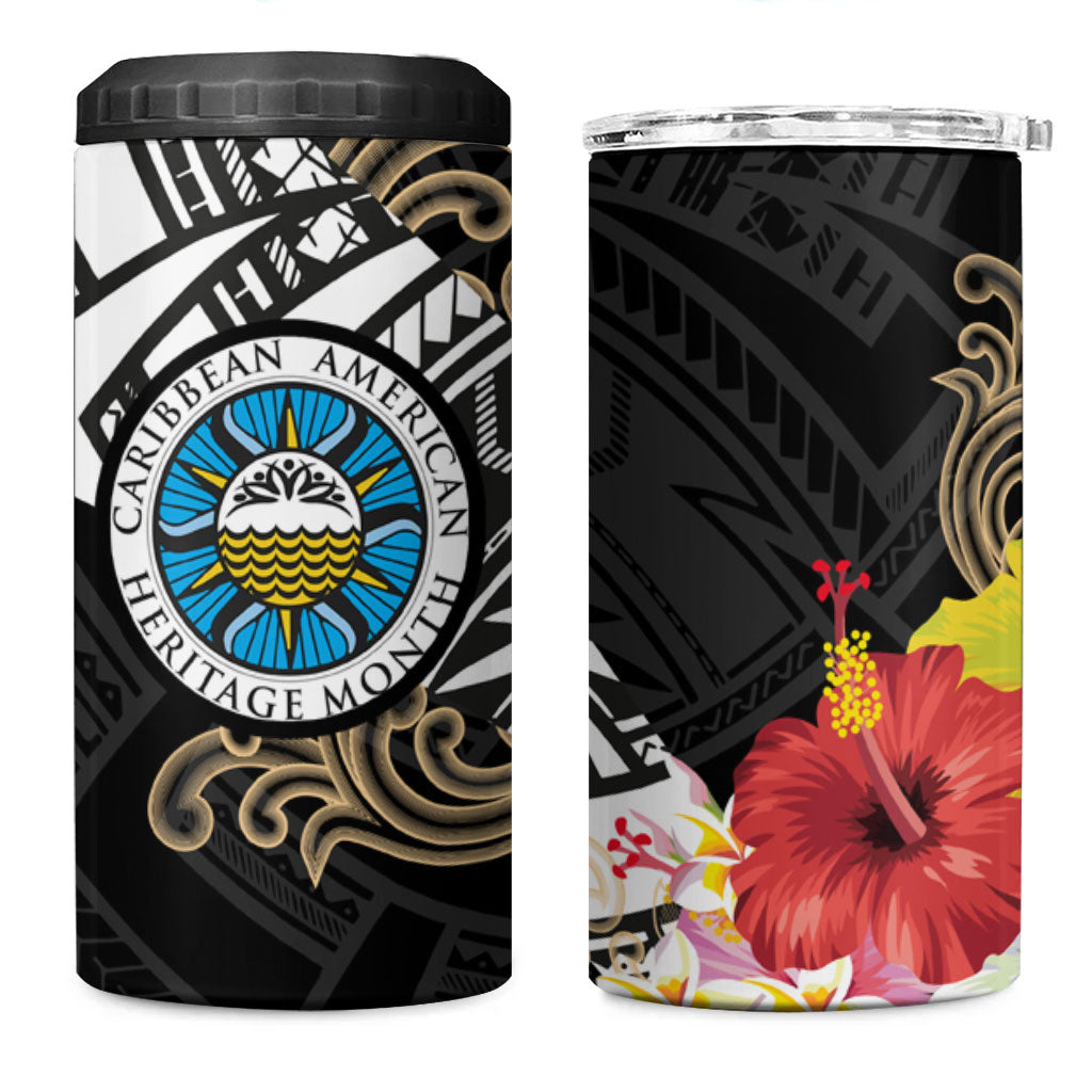 Caribbean American Heritage Month 4 in 1 Can Cooler Tumbler Tribal Pattern Tropical Hibiscus Flower