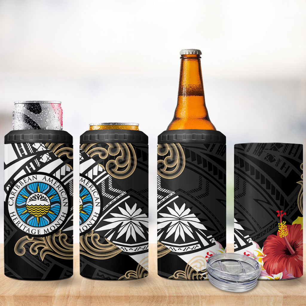 Caribbean American Heritage Month 4 in 1 Can Cooler Tumbler Tribal Pattern Tropical Hibiscus Flower