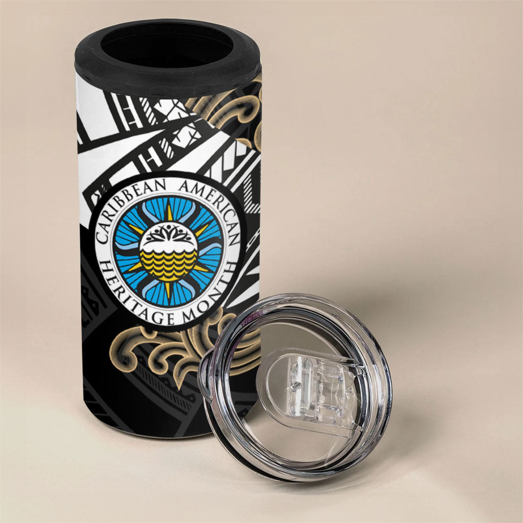 Caribbean American Heritage Month 4 in 1 Can Cooler Tumbler Tribal Pattern Tropical Hibiscus Flower