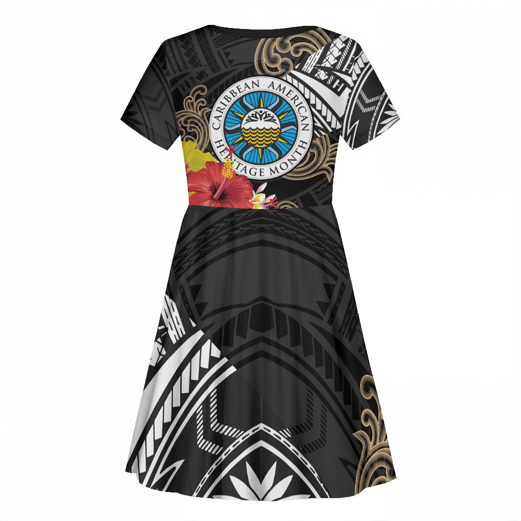 Caribbean American Heritage Month Kid Short Sleeve Dress Tribal Pattern Tropical Hibiscus Flower