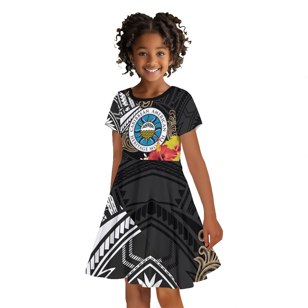 Caribbean American Heritage Month Kid Short Sleeve Dress Tribal Pattern Tropical Hibiscus Flower