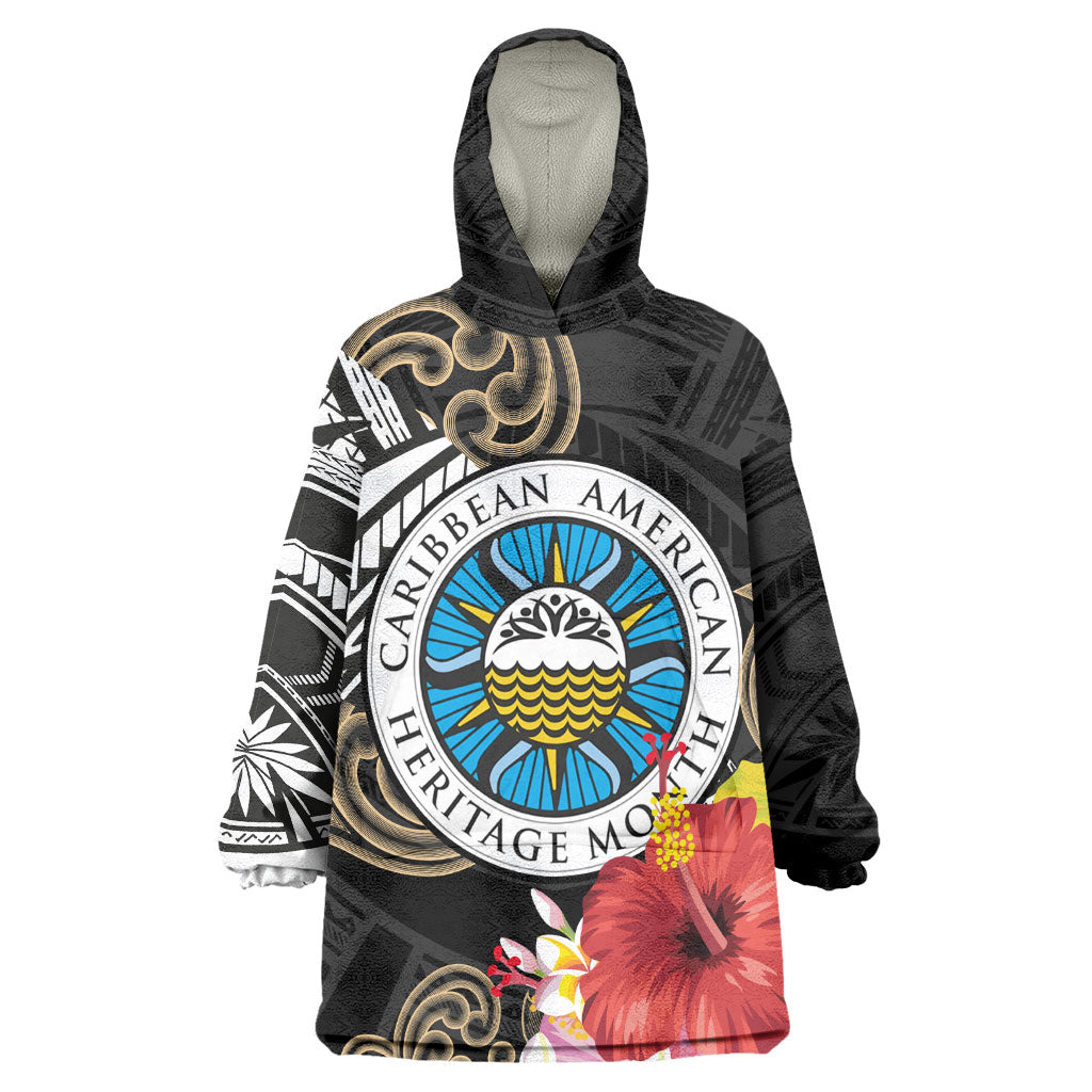 Caribbean American Heritage Month Kid Wearable Blanket Hoodie Tribal Pattern Tropical Hibiscus Flower