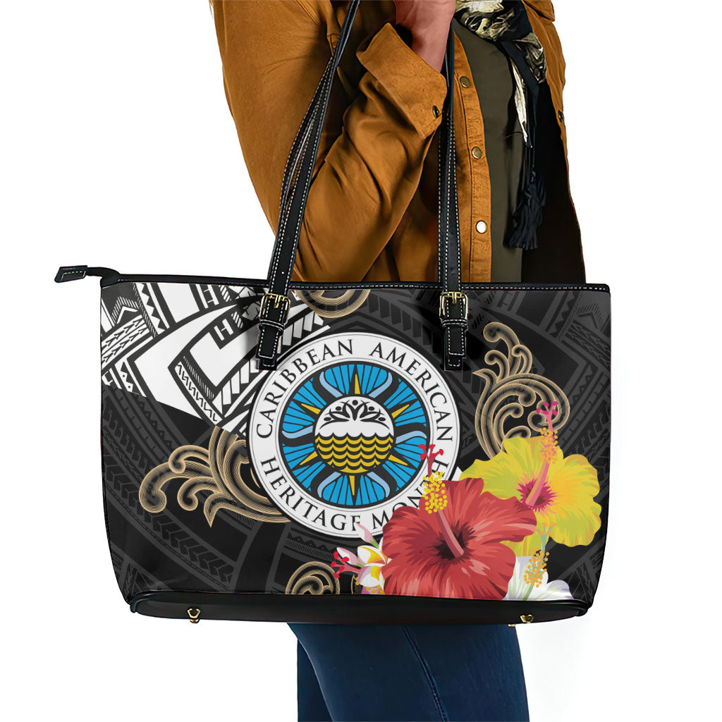 Caribbean American Heritage Month Leather Tote Bag Tribal Pattern Tropical Hibiscus Flower