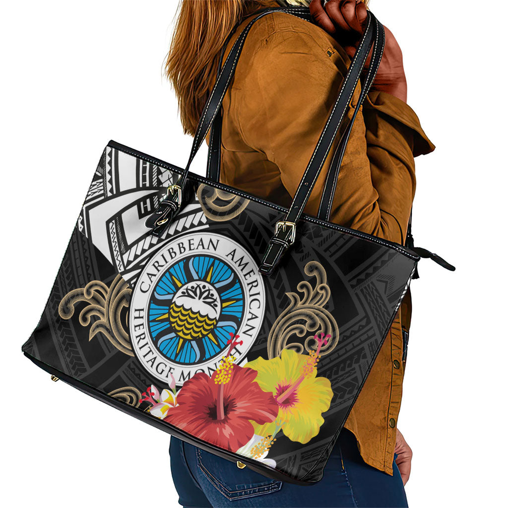 Caribbean American Heritage Month Leather Tote Bag Tribal Pattern Tropical Hibiscus Flower