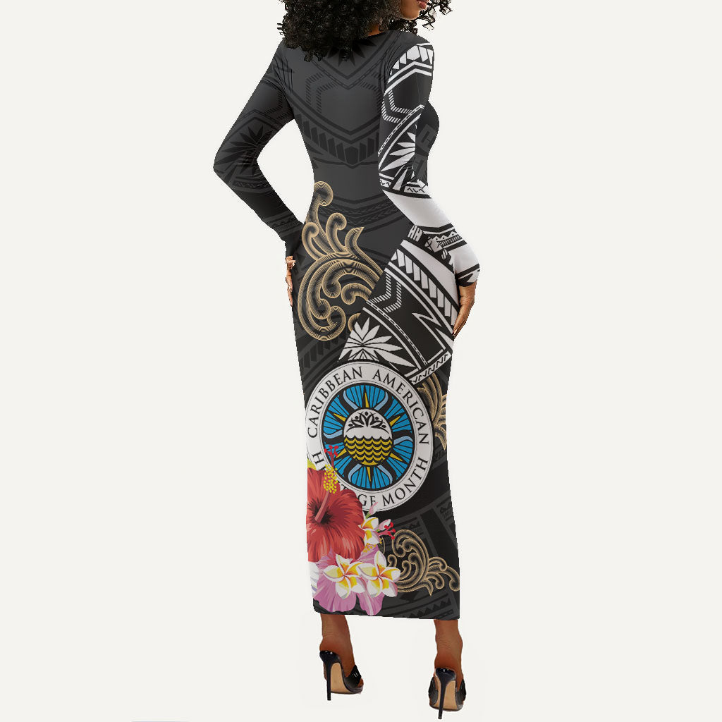 Caribbean American Heritage Month Long Sleeve Bodycon Dress Tribal Pattern Tropical Hibiscus Flower