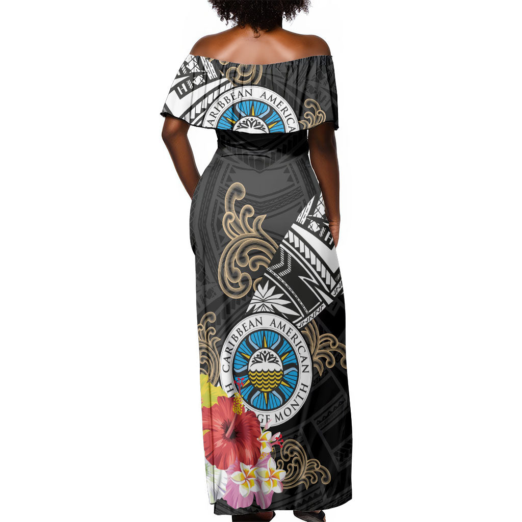 Caribbean American Heritage Month Off Shoulder Maxi Dress Tribal Pattern Tropical Hibiscus Flower