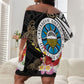 Caribbean American Heritage Month Off Shoulder Short Dress Tribal Pattern Tropical Hibiscus Flower