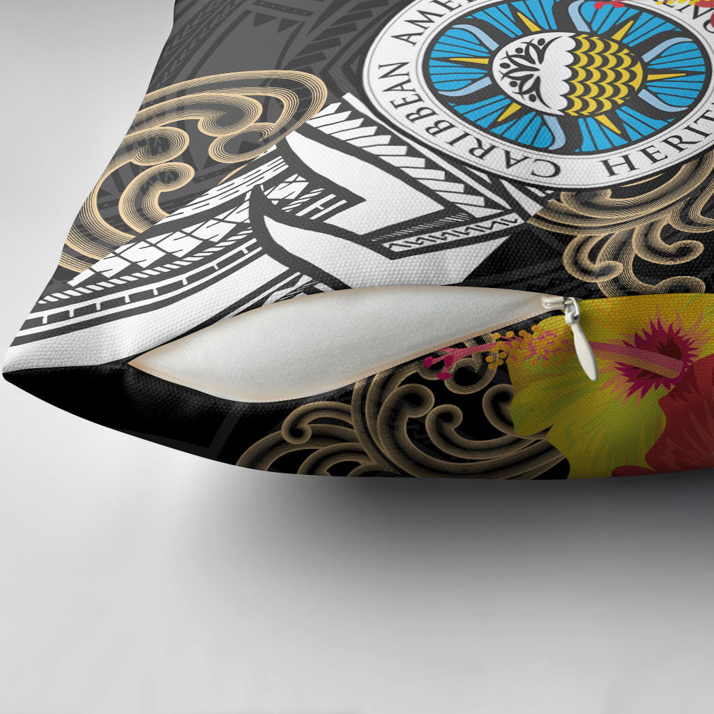 Caribbean American Heritage Month Pillow Cover Tribal Pattern Tropical Hibiscus Flower