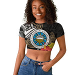 Caribbean American Heritage Month Raglan Cropped T shirt Tribal Pattern Tropical Hibiscus Flower