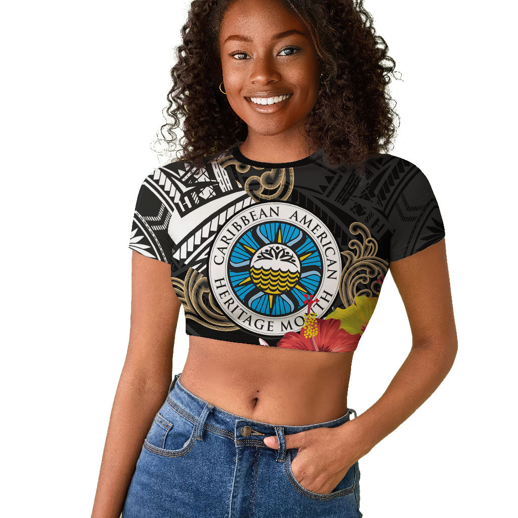 Caribbean American Heritage Month Raglan Cropped T shirt Tribal Pattern Tropical Hibiscus Flower