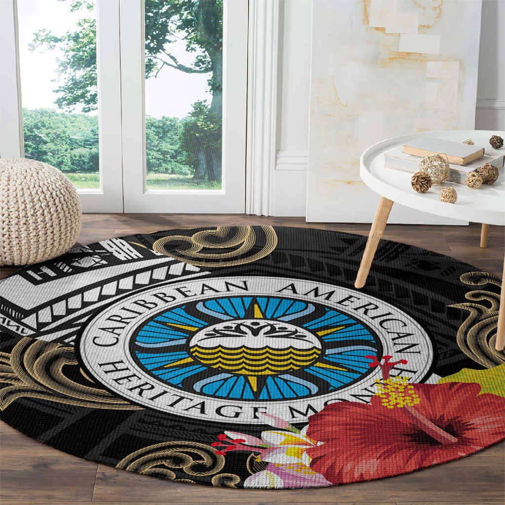 Caribbean American Heritage Month Round Carpet Tribal Pattern Tropical Hibiscus Flower