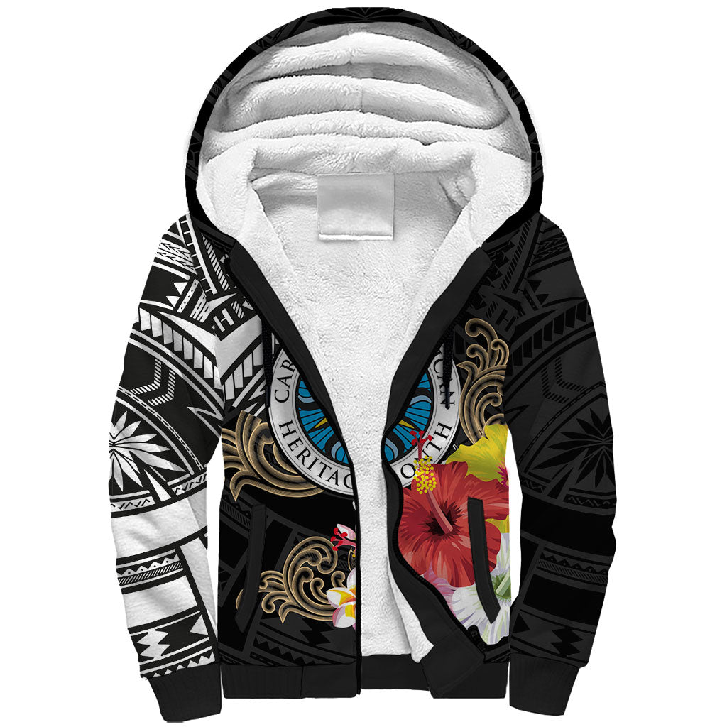 Caribbean American Heritage Month Sherpa Hoodie Tribal Pattern Tropical Hibiscus Flower