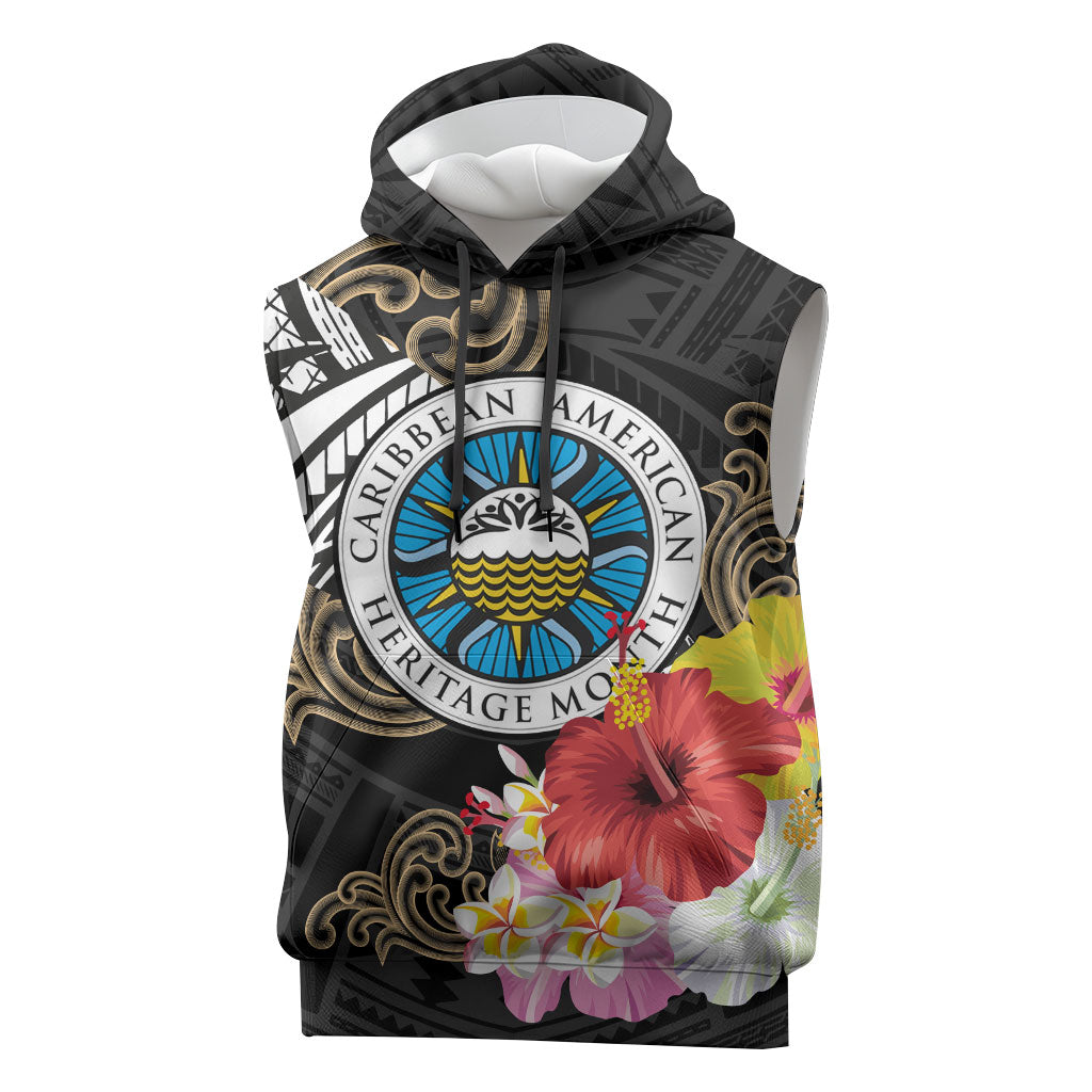 Caribbean American Heritage Month Sleeveless Hoodie Tribal Pattern Tropical Hibiscus Flower