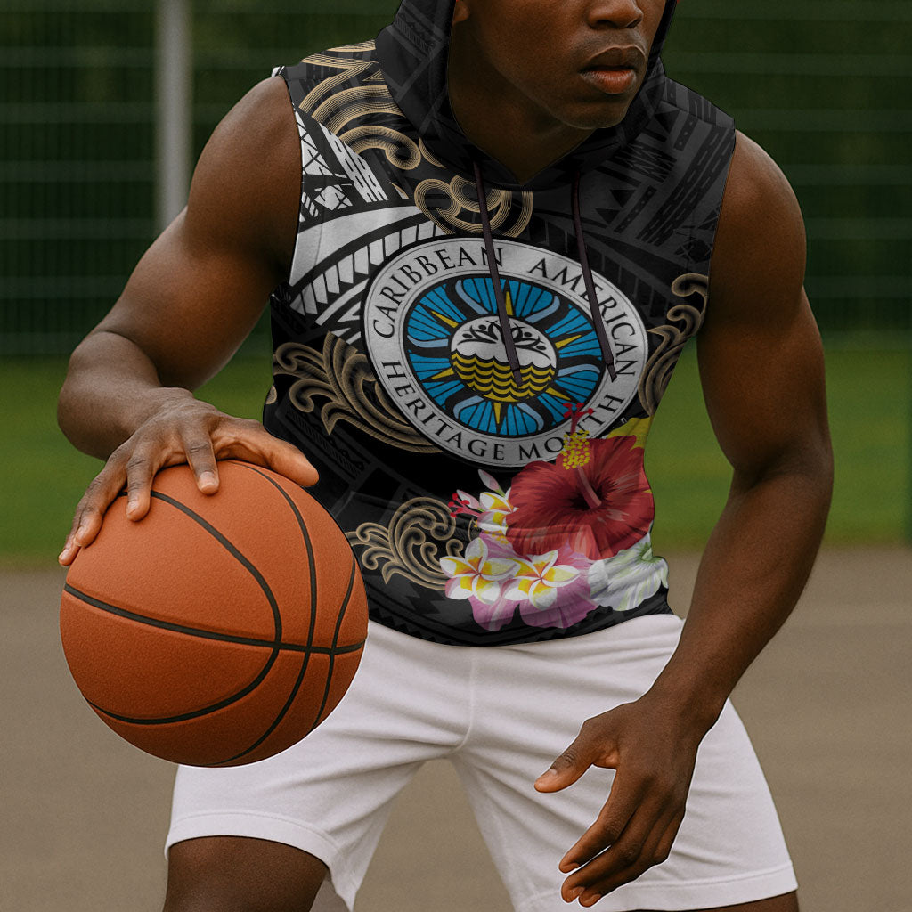 Caribbean American Heritage Month Sleeveless Hoodie Tribal Pattern Tropical Hibiscus Flower