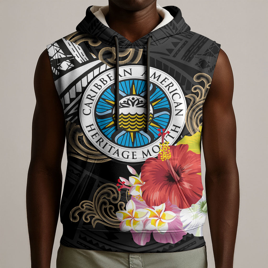 Caribbean American Heritage Month Sleeveless Hoodie Tribal Pattern Tropical Hibiscus Flower