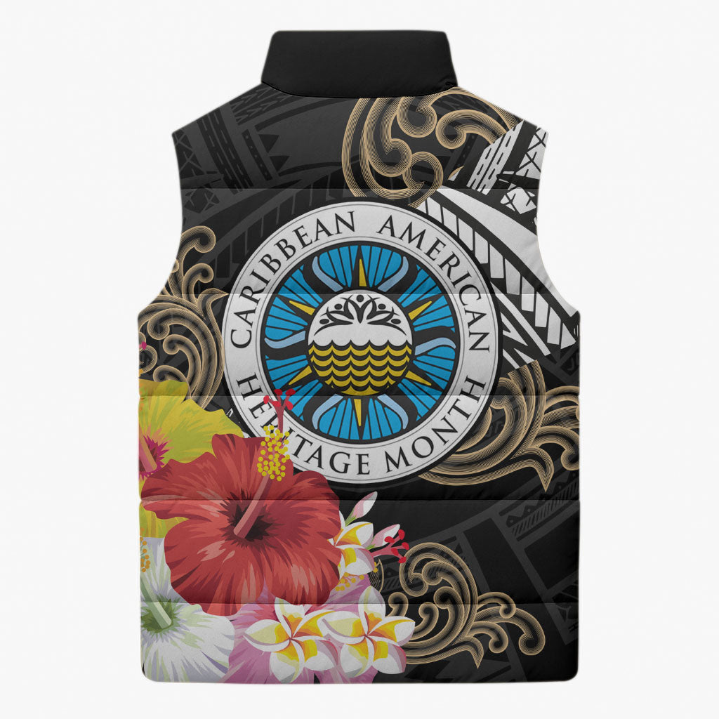 Caribbean American Heritage Month Sleeveless Puffer Jacket Tribal Pattern Tropical Hibiscus Flower