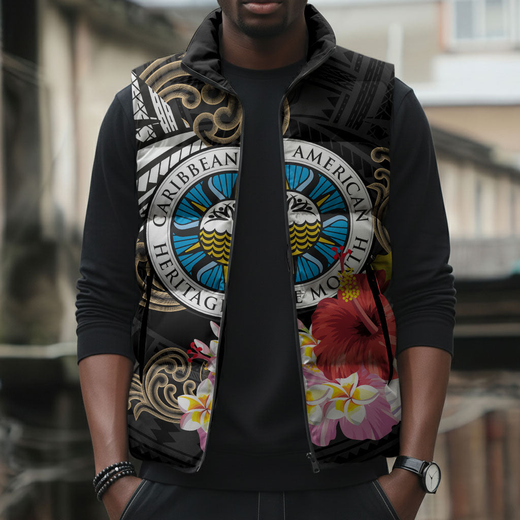 Caribbean American Heritage Month Sleeveless Puffer Jacket Tribal Pattern Tropical Hibiscus Flower