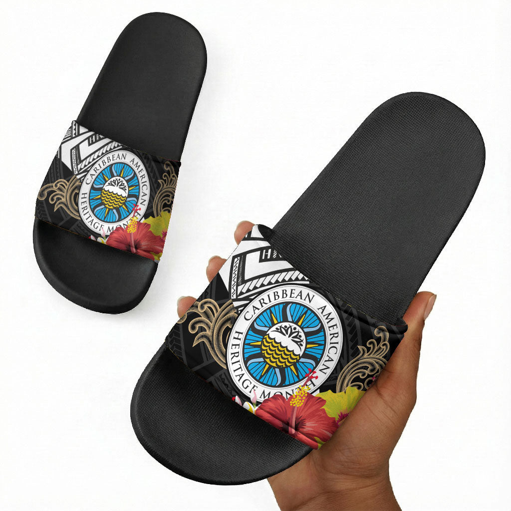 Caribbean American Heritage Month Slide Sandals Tribal Pattern Tropical Hibiscus Flower