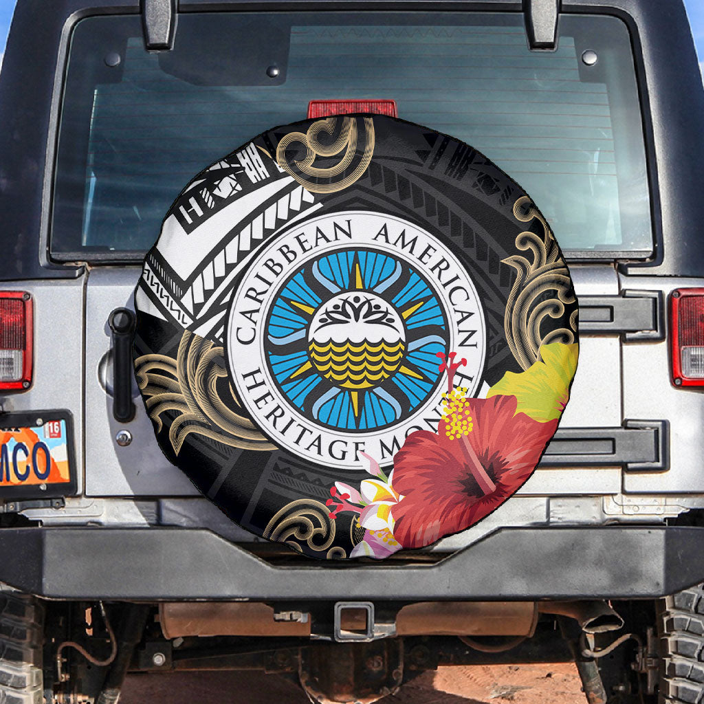 Caribbean American Heritage Month Spare Tire Cover Tribal Pattern Tropical Hibiscus Flower
