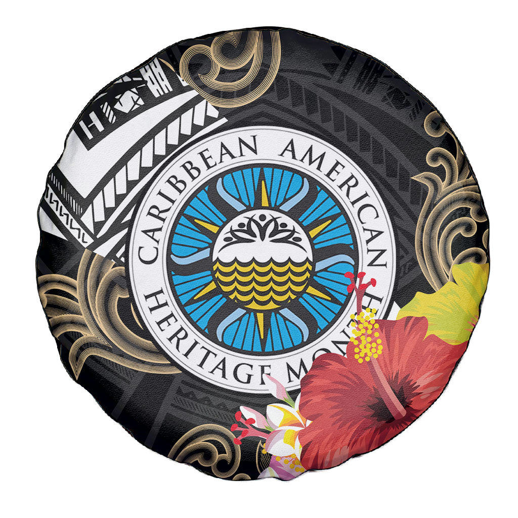 Caribbean American Heritage Month Spare Tire Cover Tribal Pattern Tropical Hibiscus Flower