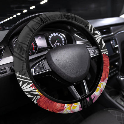 Caribbean American Heritage Month Steering Wheel Cover Tribal Pattern Tropical Hibiscus Flower