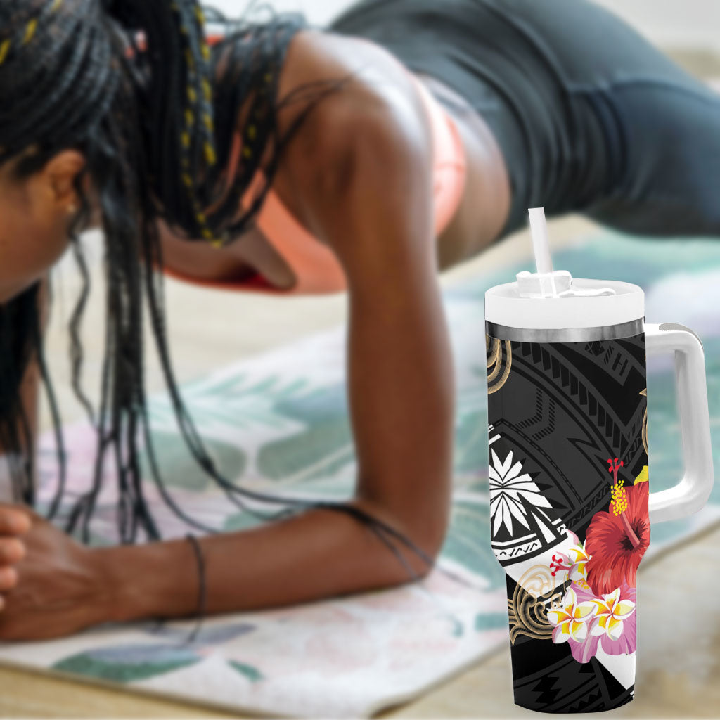 Caribbean American Heritage Month Tumbler With Handle Tribal Pattern Tropical Hibiscus Flower