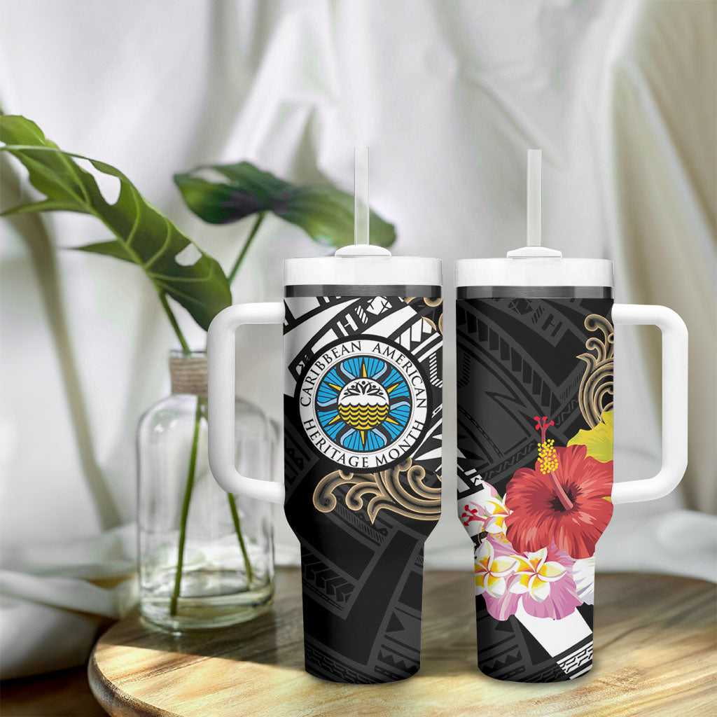 Caribbean American Heritage Month Tumbler With Handle Tribal Pattern Tropical Hibiscus Flower