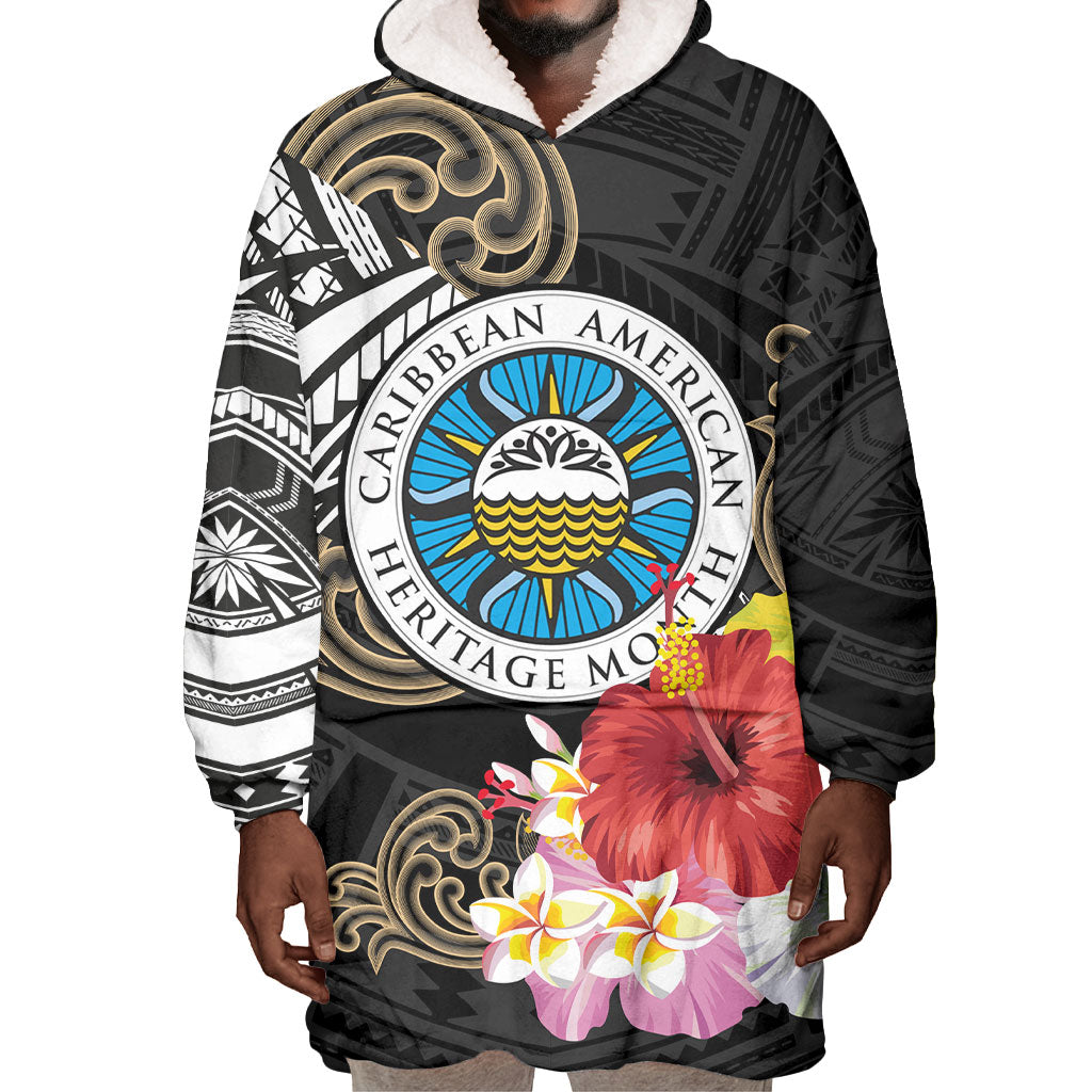 Caribbean American Heritage Month Wearable Blanket Hoodie Tribal Pattern Tropical Hibiscus Flower