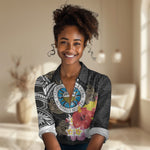 Caribbean American Heritage Month Women Casual Shirt Tribal Pattern Tropical Hibiscus Flower
