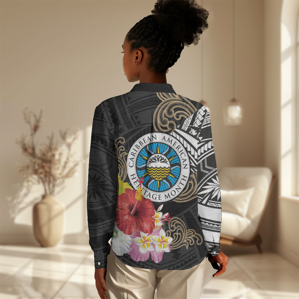 Caribbean American Heritage Month Women Casual Shirt Tribal Pattern Tropical Hibiscus Flower