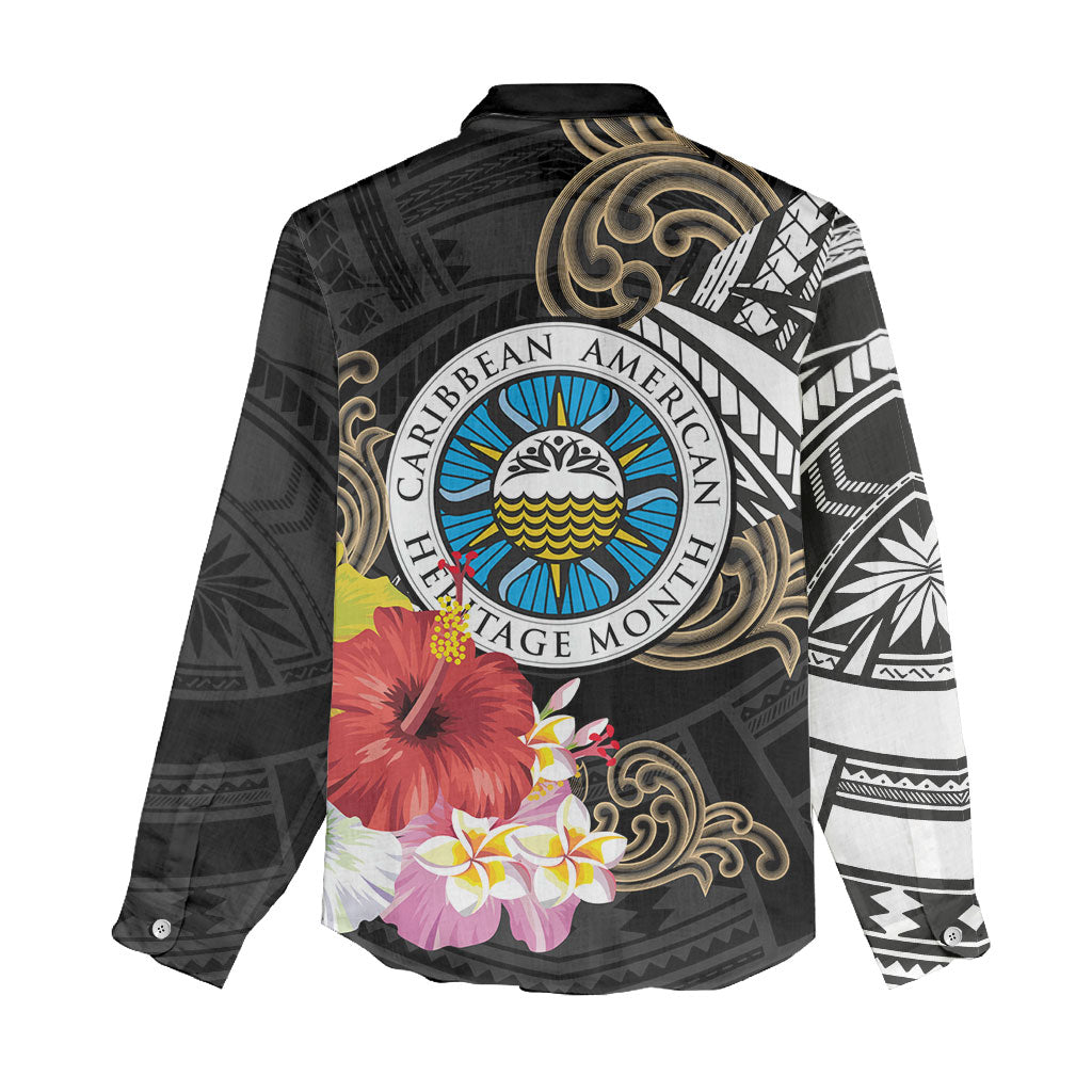Caribbean American Heritage Month Women Casual Shirt Tribal Pattern Tropical Hibiscus Flower