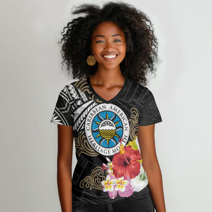Caribbean American Heritage Month Women V-Neck T-Shirt Tribal Pattern Tropical Hibiscus Flower