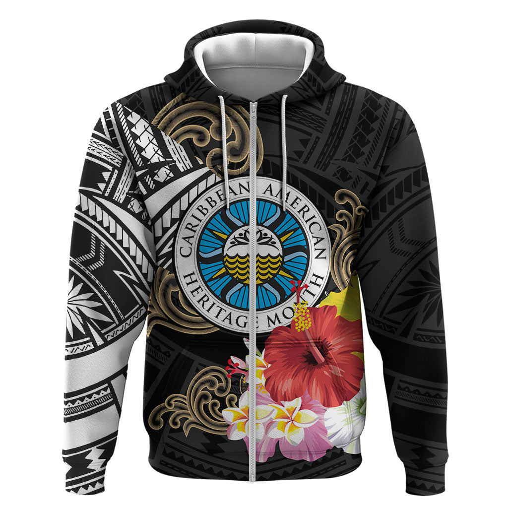 Caribbean American Heritage Month Zip Hoodie Tribal Pattern Tropical Hibiscus Flower