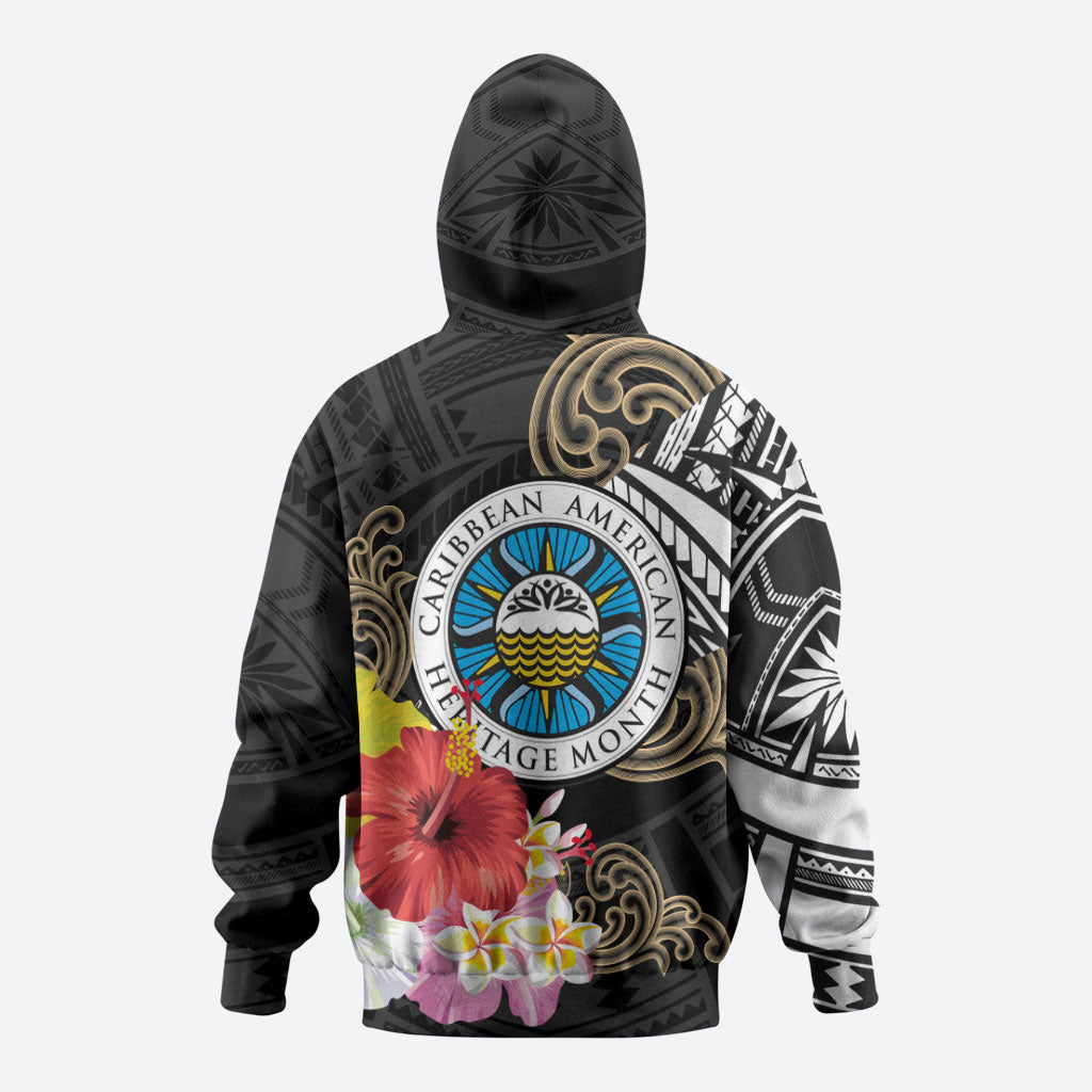 Caribbean American Heritage Month Zip Hoodie Tribal Pattern Tropical Hibiscus Flower