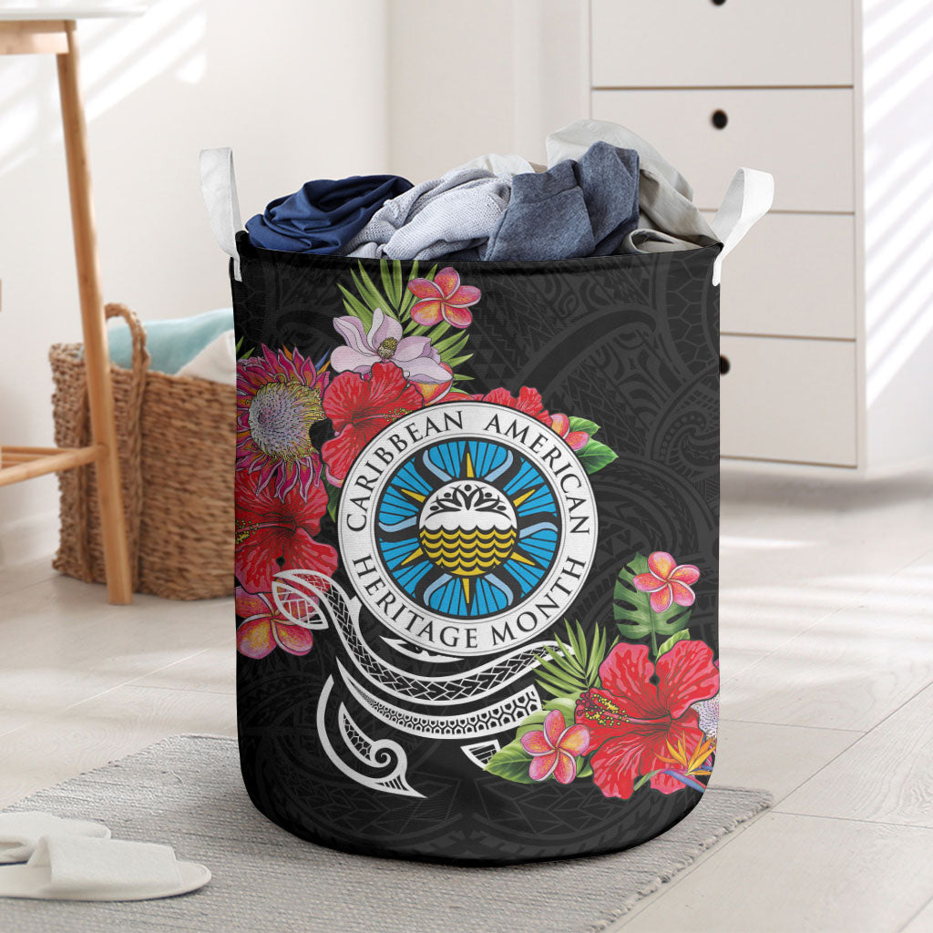 Caribbean American Heritage Month Laundry Basket Tropical Hibiscus Flower Tribal Tattoo