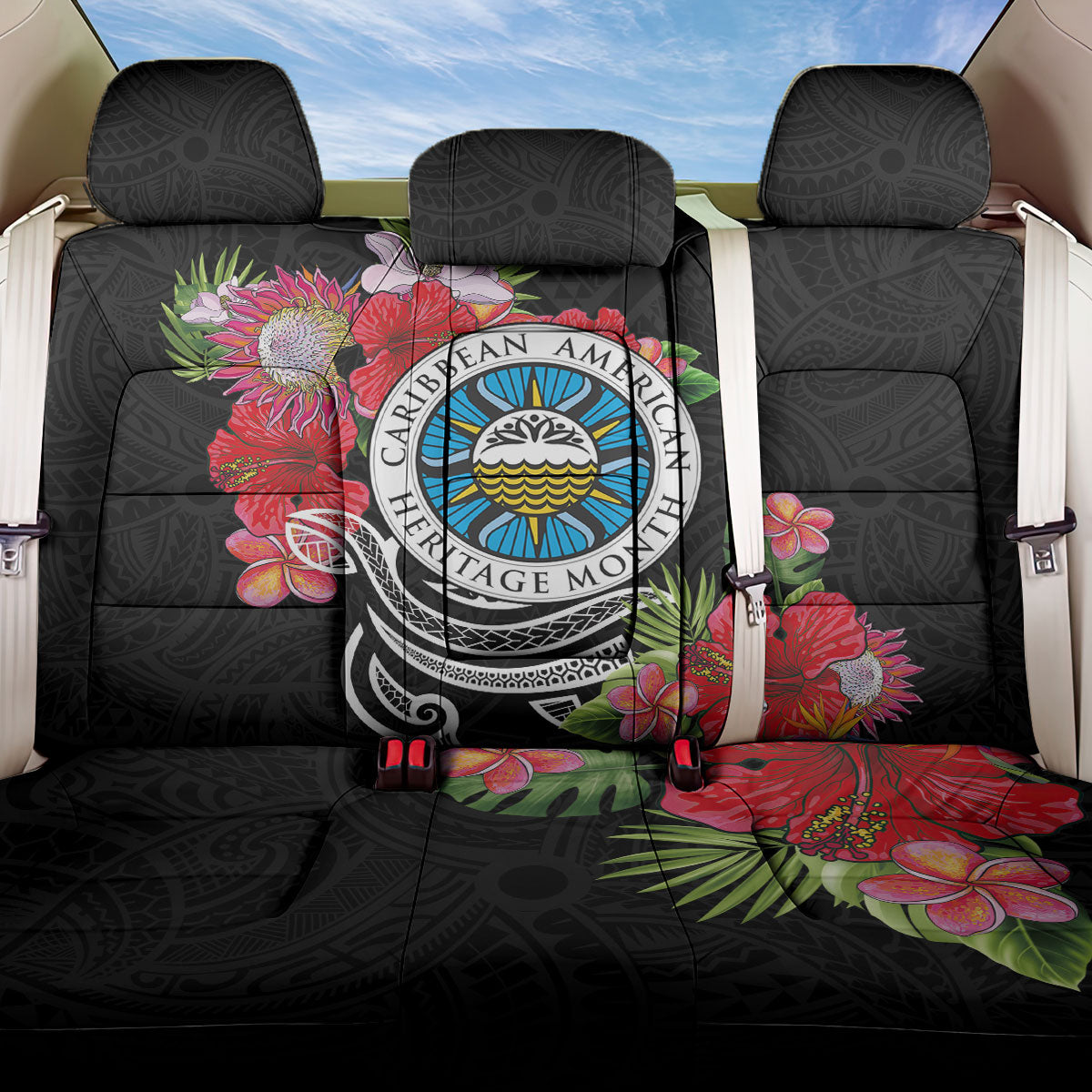 Caribbean American Heritage Month Back Car Seat Cover Tropical Hibiscus Flower Tribal Tattoo