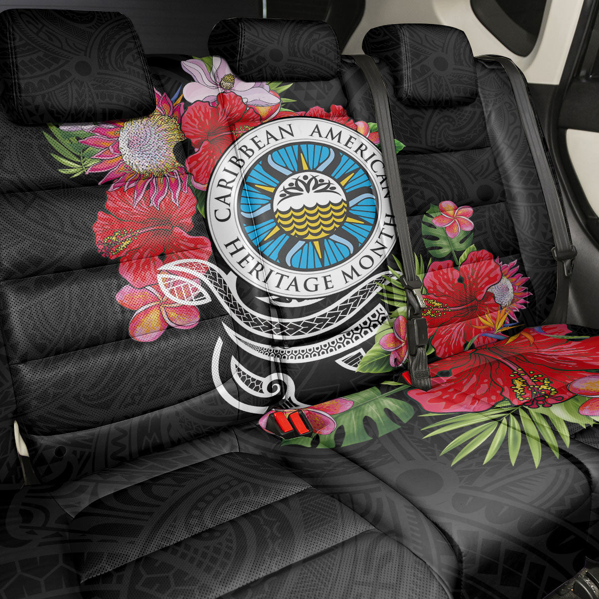 Caribbean American Heritage Month Back Car Seat Cover Tropical Hibiscus Flower Tribal Tattoo