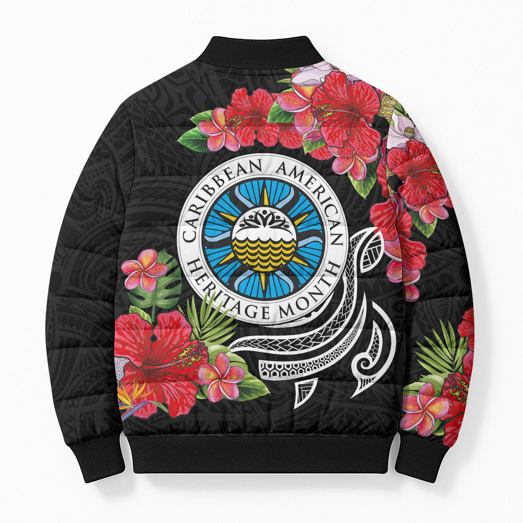 Caribbean American Heritage Month Bomber Puffer Jacket Tropical Hibiscus Flower Tribal Tattoo