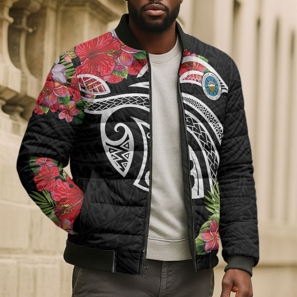 Caribbean American Heritage Month Bomber Puffer Jacket Tropical Hibiscus Flower Tribal Tattoo