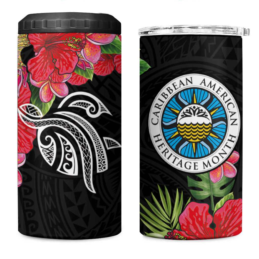 Caribbean American Heritage Month 4 in 1 Can Cooler Tumbler Tropical Hibiscus Flower Tribal Tattoo