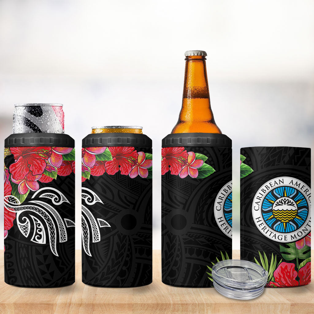 Caribbean American Heritage Month 4 in 1 Can Cooler Tumbler Tropical Hibiscus Flower Tribal Tattoo