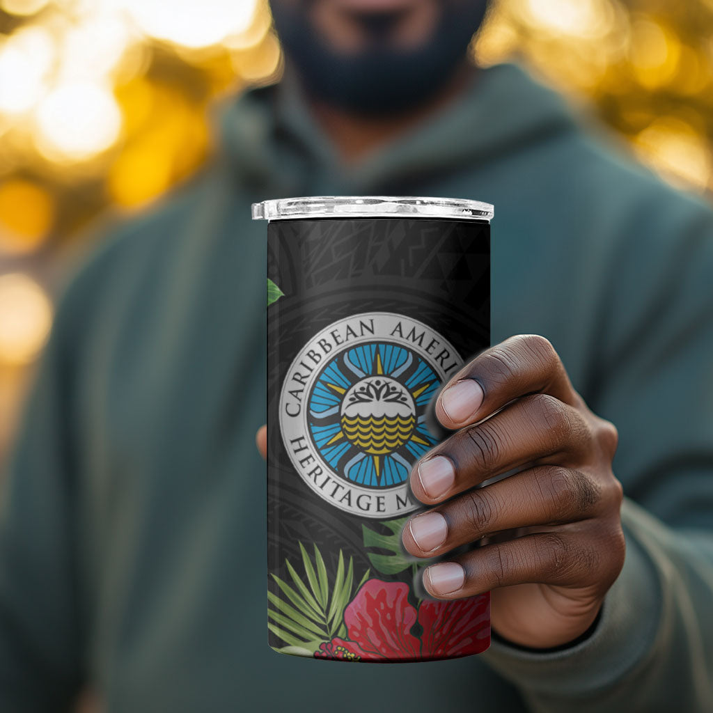 Caribbean American Heritage Month 4 in 1 Can Cooler Tumbler Tropical Hibiscus Flower Tribal Tattoo