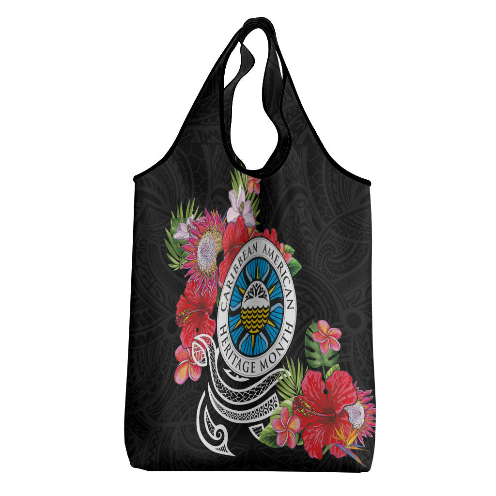 Caribbean American Heritage Month Grocery Bag Tropical Hibiscus Flower Tribal Tattoo
