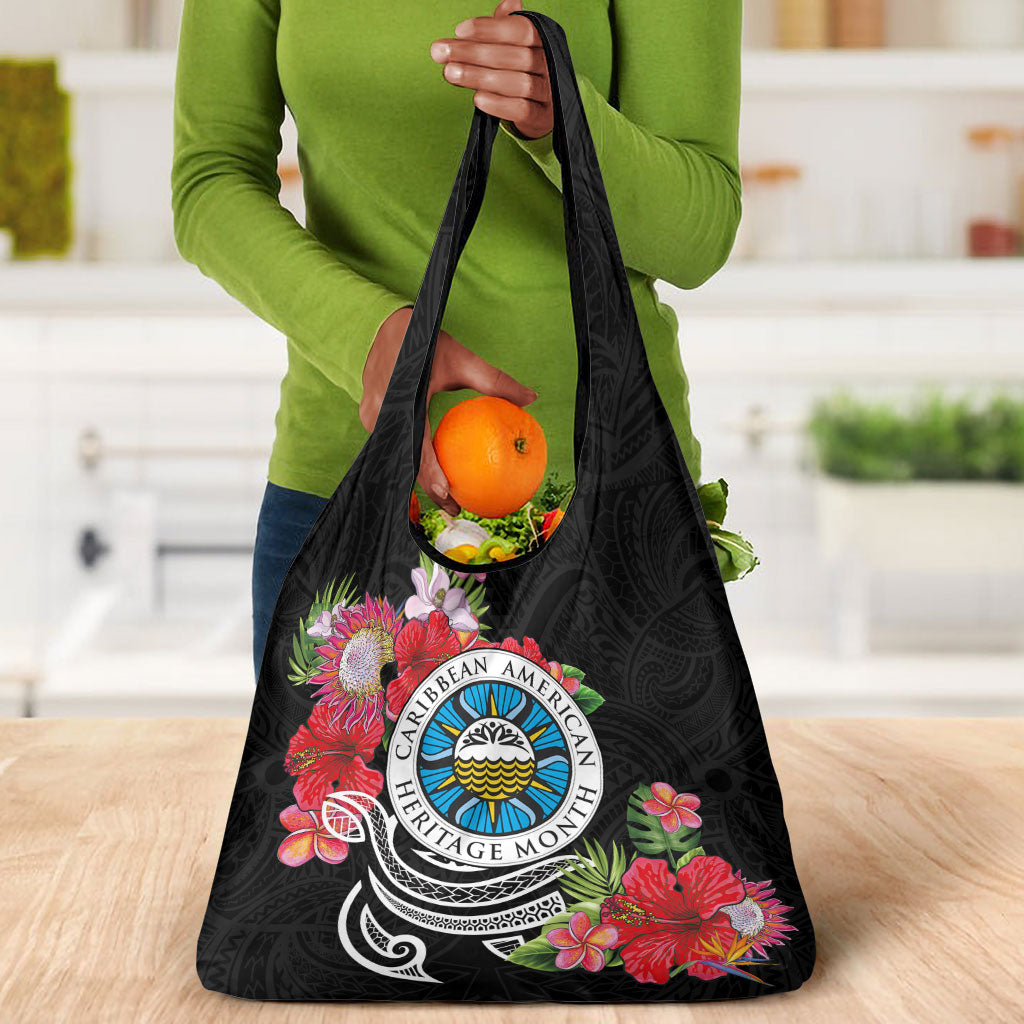 Caribbean American Heritage Month Grocery Bag Tropical Hibiscus Flower Tribal Tattoo