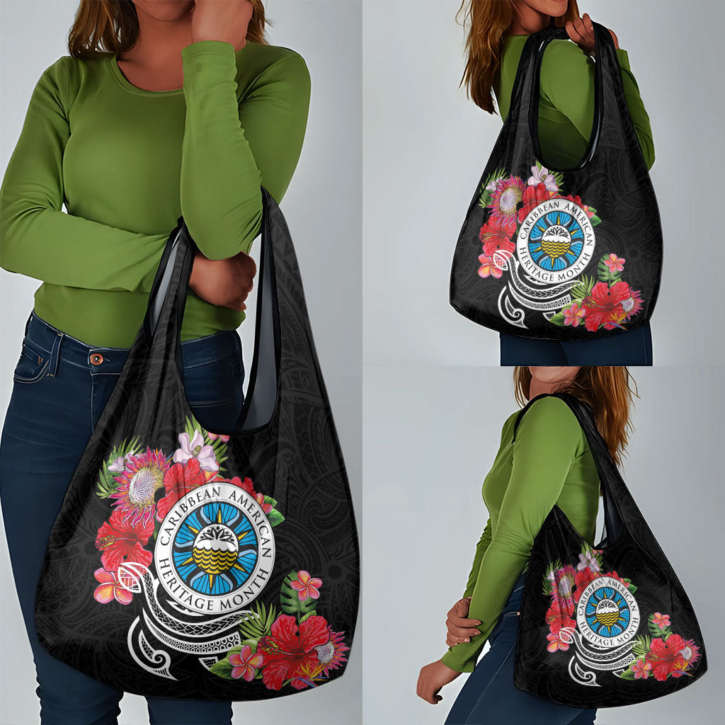 Caribbean American Heritage Month Grocery Bag Tropical Hibiscus Flower Tribal Tattoo