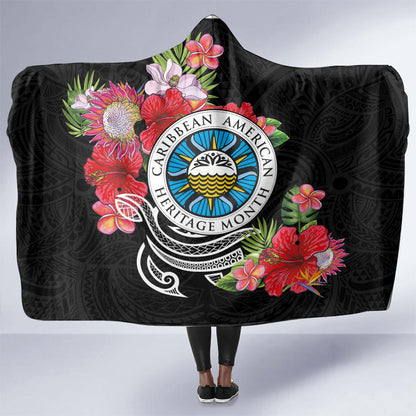 Caribbean American Heritage Month Hooded Blanket Tropical Hibiscus Flower Tribal Tattoo