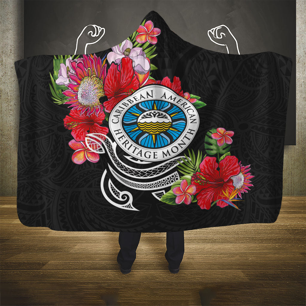 Caribbean American Heritage Month Hooded Blanket Tropical Hibiscus Flower Tribal Tattoo